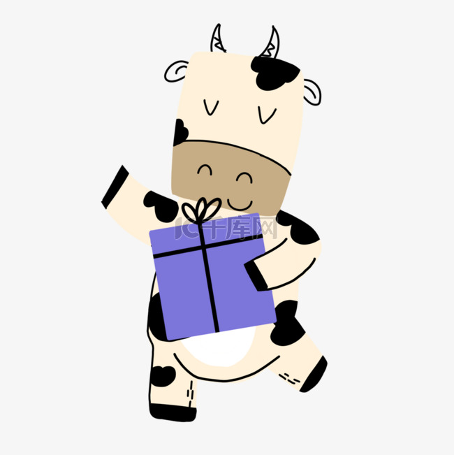 抱着礼盒的奶牛抽象线条动物涂鸦