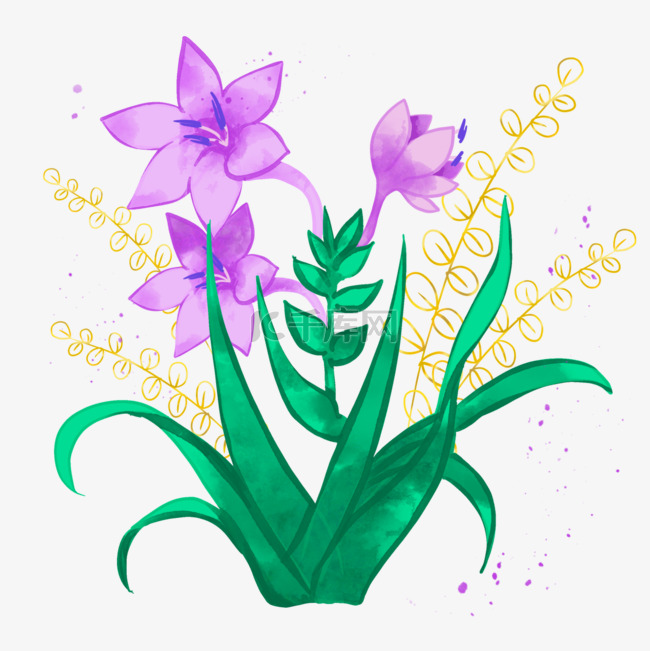 紫色金箔叶子水彩晕染兰花花卉