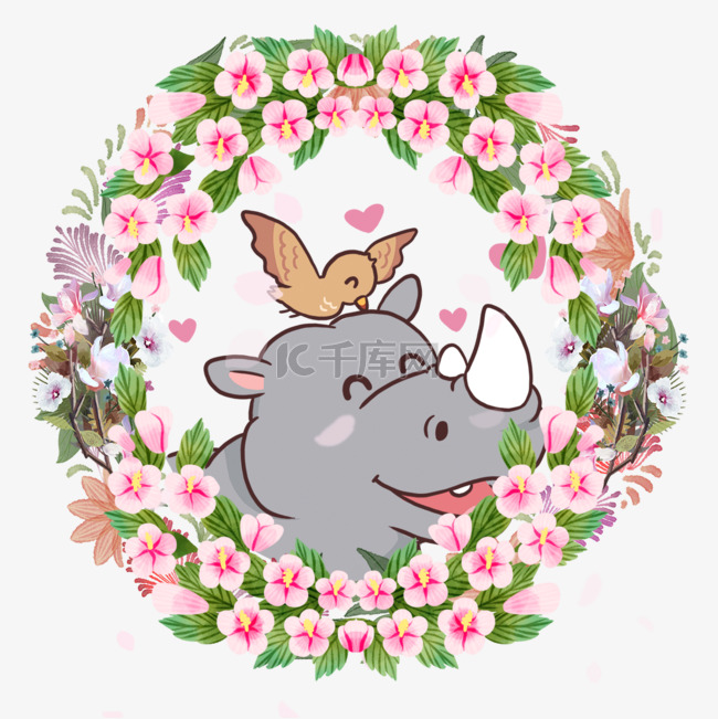 犀牛动物情侣栀子花花卉花环