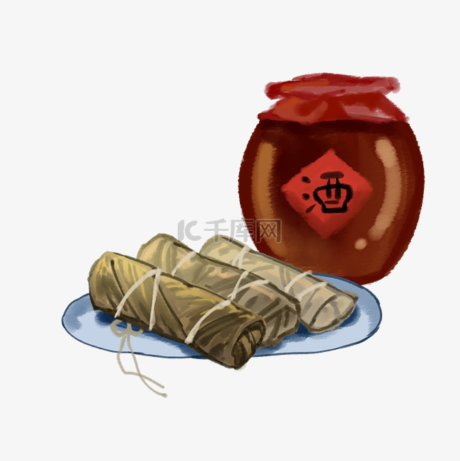 水墨风端午节粽子和雄黄酒