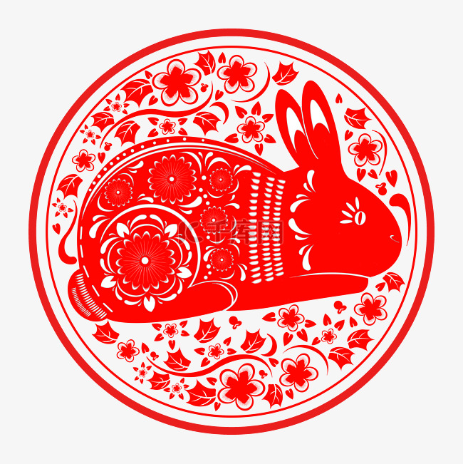 兔年剪纸红色剪纸兔子图案png