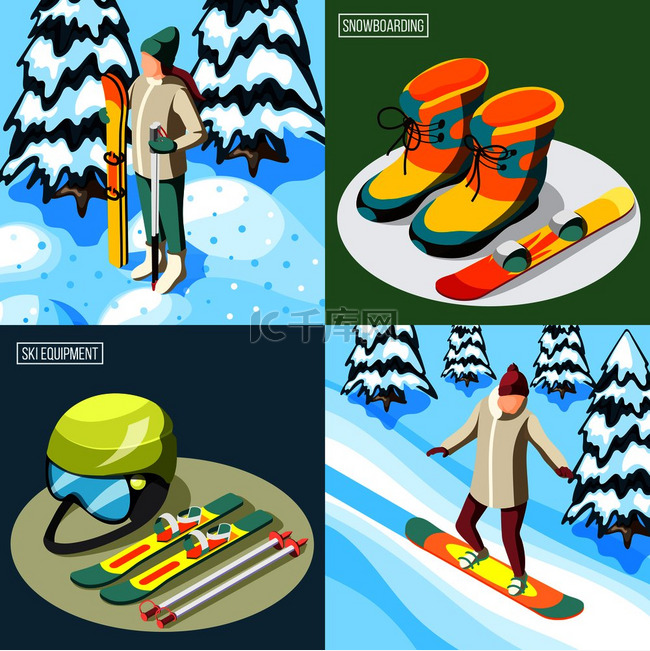 滑雪胜地等距设计概念滑雪者与运