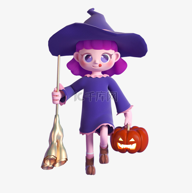万圣节紫色3D立体小魔女女巫卡