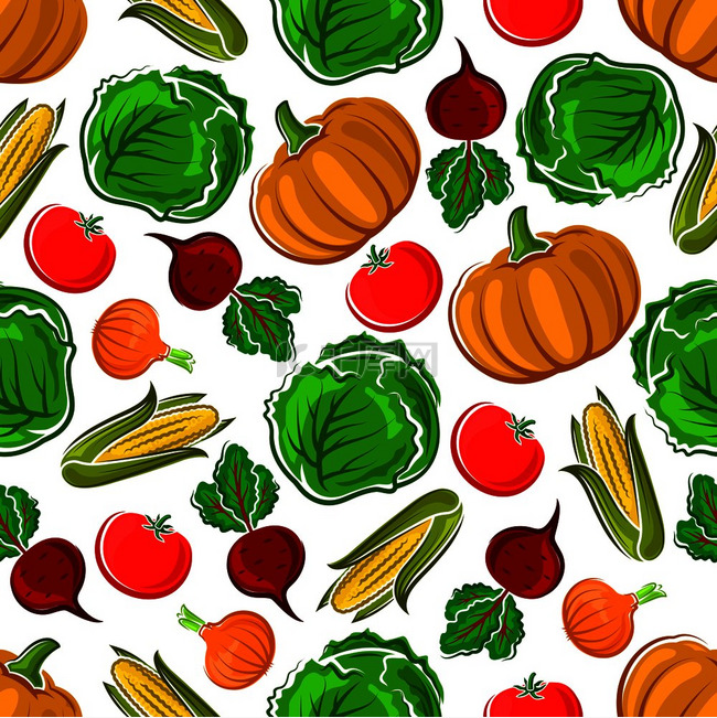 秋季蔬菜无缝图案与橙色南瓜和玉