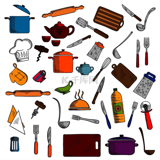 锅碗瓢盆、茶具、刀叉、抹刀和砧