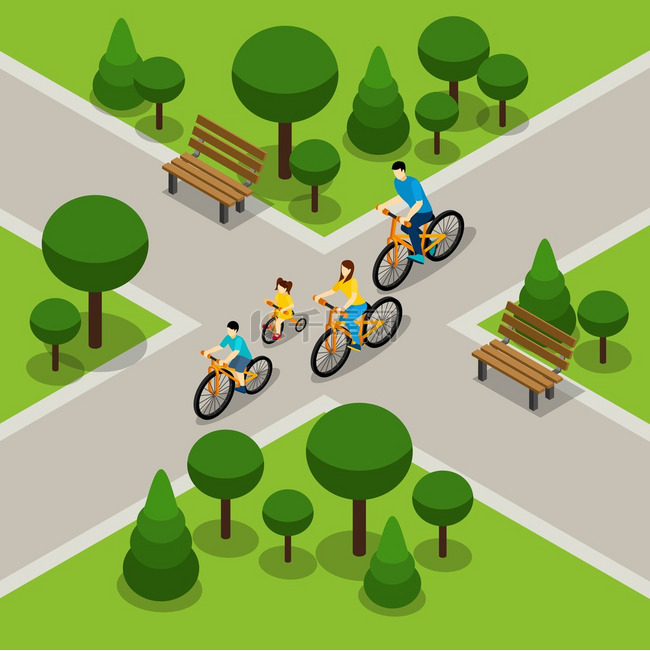 城市公园自行车家庭等轴测横幅 