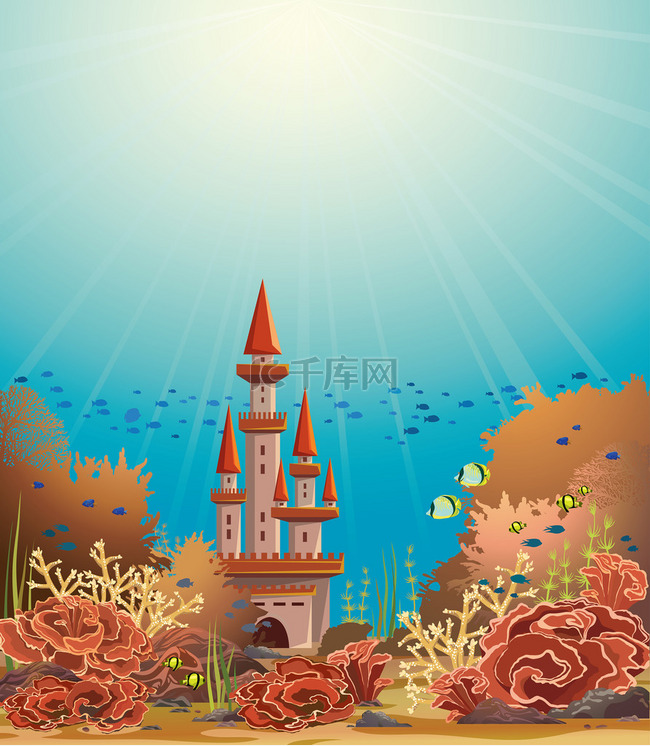 Underwater castle and coral reef.