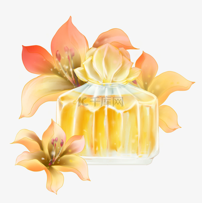 香水瓶和鲜花水彩风格橙色香水