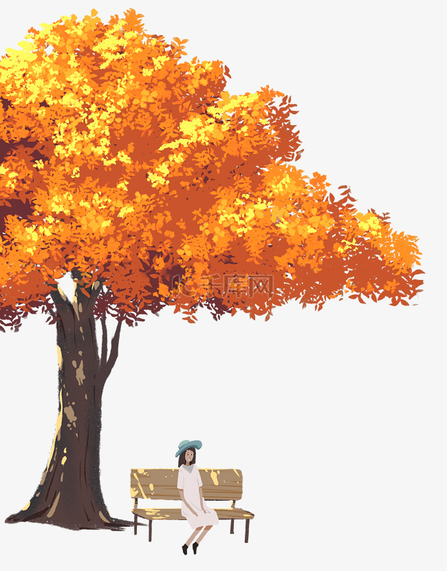 秋天秋景树木长椅女子休息