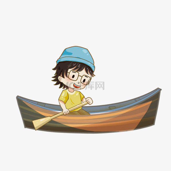 男孩划船小船