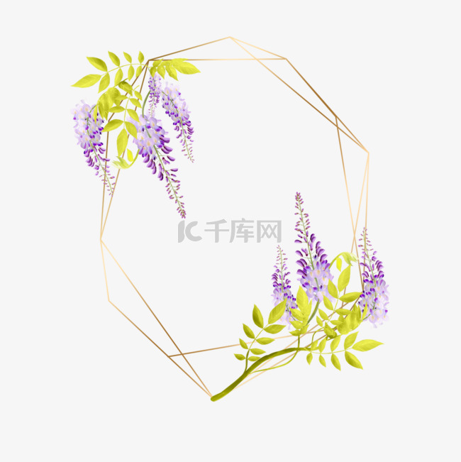 水彩紫藤花卉金色边框