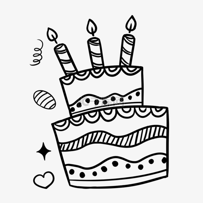 线稿生日涂鸦插着蜡烛的蛋糕