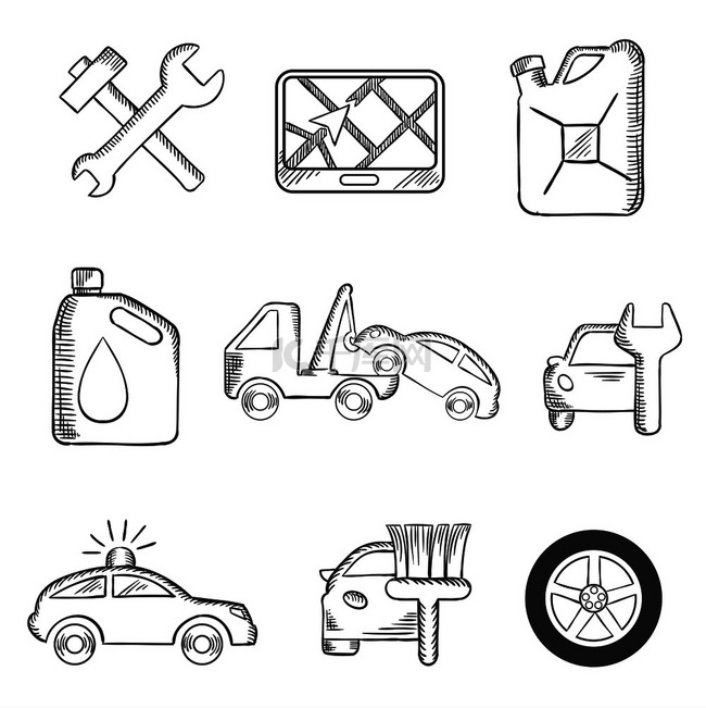 汽车服务草图图标，包括工具、路
