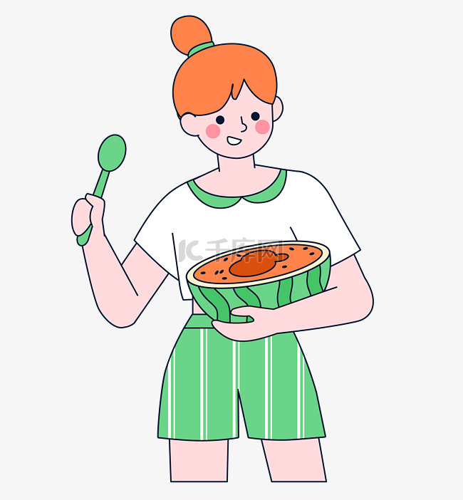 夏季描边吃西瓜的女孩