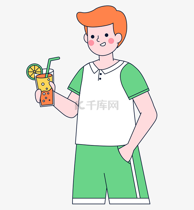 夏季描边喝冷饮的男孩