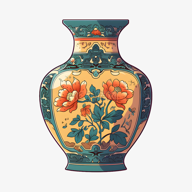扁平风格红花古代花瓶