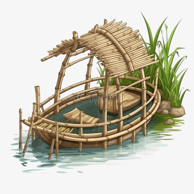 扁平卡通免抠图素材竹筏