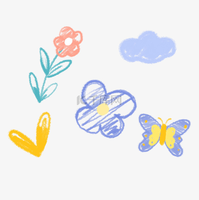 儿童节蜡笔画花束云朵蝴蝶