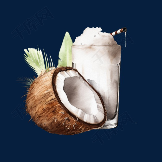 白色手绘夏季椰汁饮料椰子