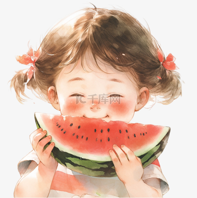 夏天吃西瓜的可爱女孩