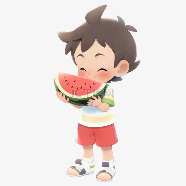 夏天吃西瓜的可爱儿童