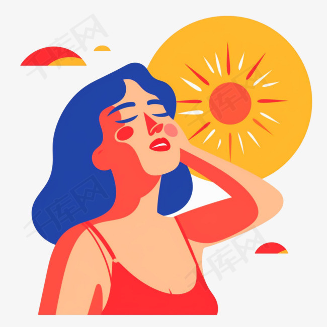 平坦的夏日炎热插图，妇女在阳光