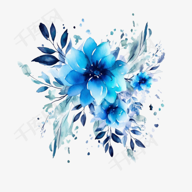 蓝色花卉水彩画感谢卡