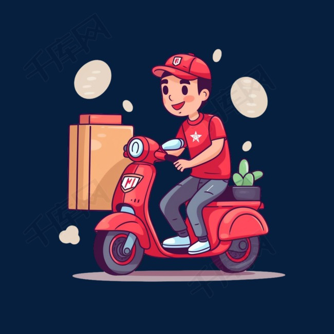 可爱的男快递员快递包裹骑摩托车