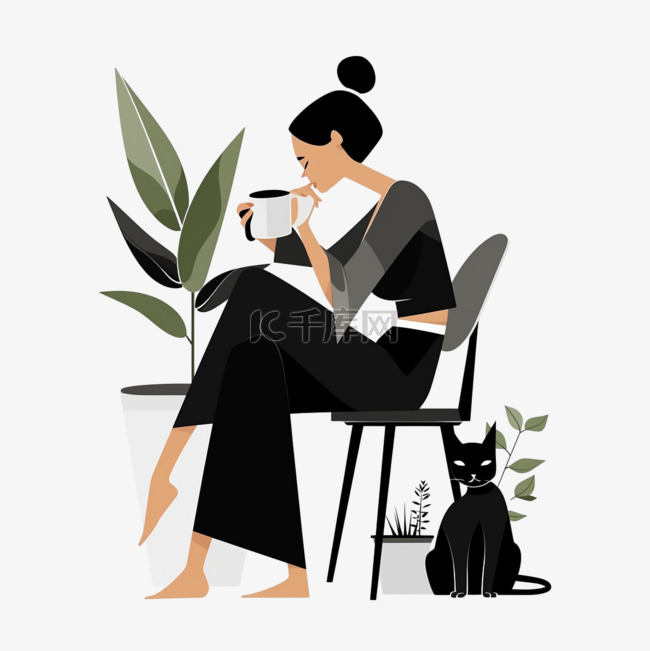 扁平插画喝咖啡女子素材图片免费下载-千库网