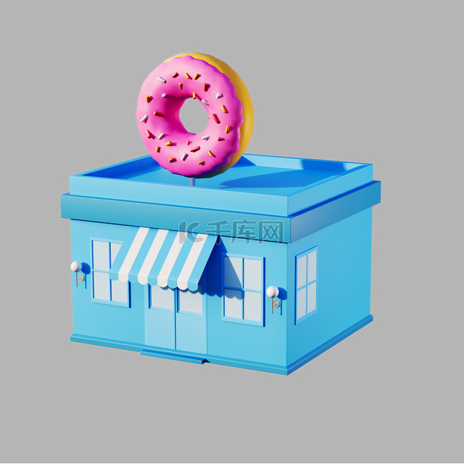 夏日蓝色卡通3D甜甜圈小屋C4D模型