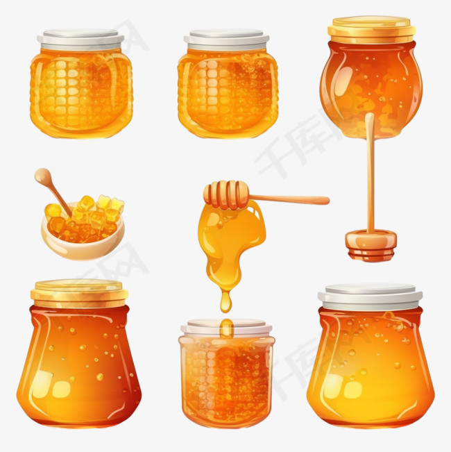 一组蜂蜜从蜂蜜勺中滴下在蜂窝中