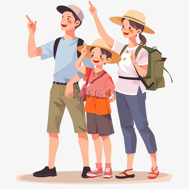 扁平插画风格旅游度假人物一家人