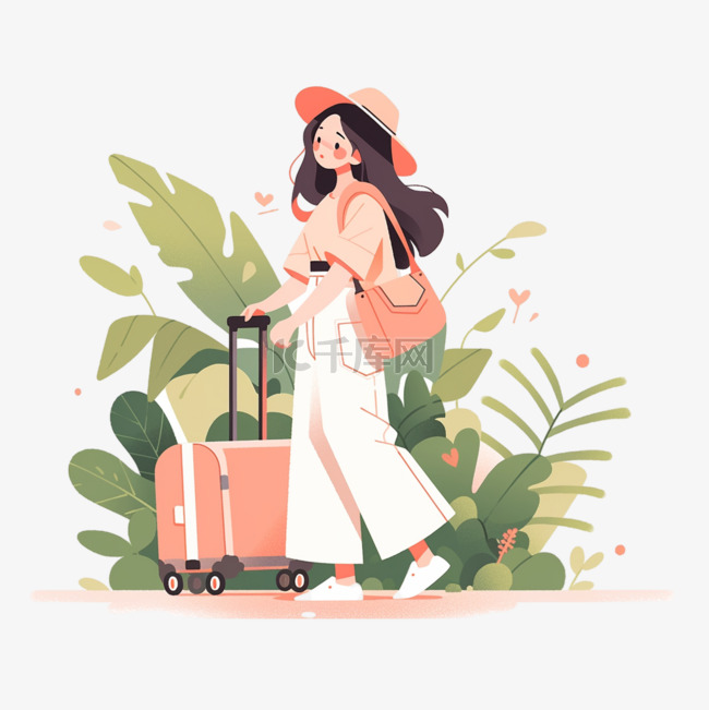 扁平插画风格旅游度假人物拖行李