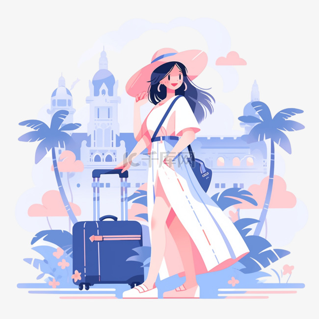 扁平插画风格旅游度假人物粉色遮