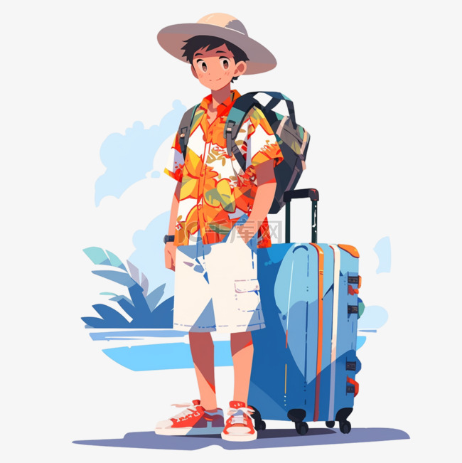 扁平插画风格旅游度假人物穿沙滩