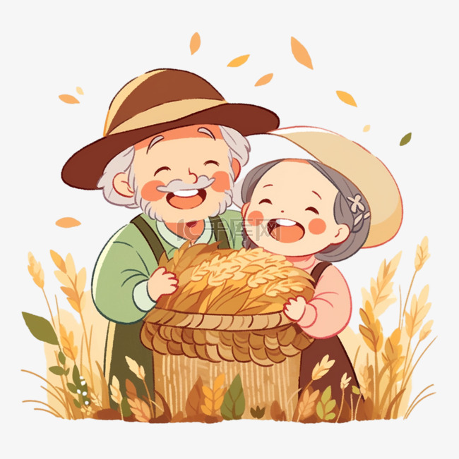 秋天农民夫妇开心的拿着丰收的粮
