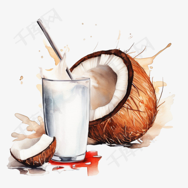 白色手绘水彩风夏季椰汁饮料