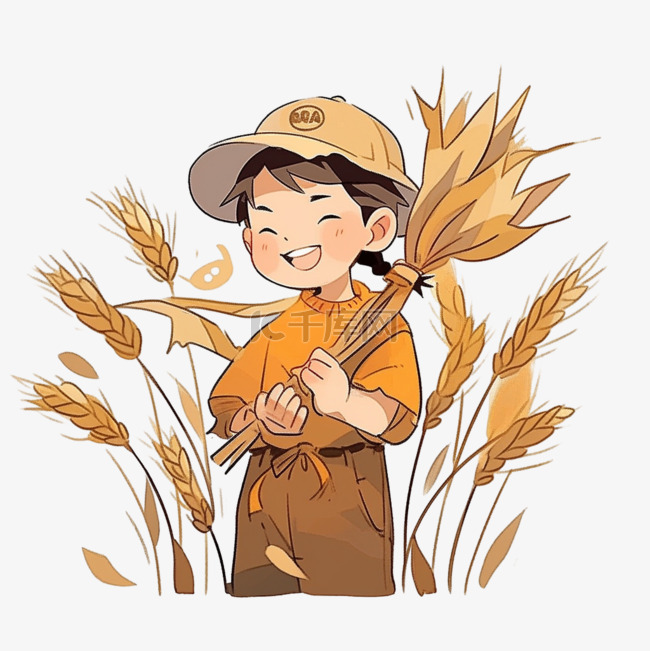 秋天丰收的麦子农忙人物手绘