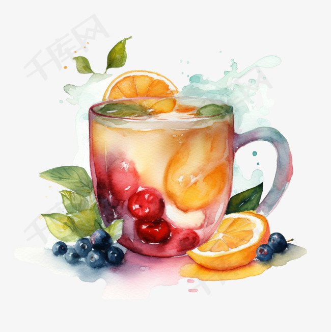 水彩彩色质感夏季水果茶