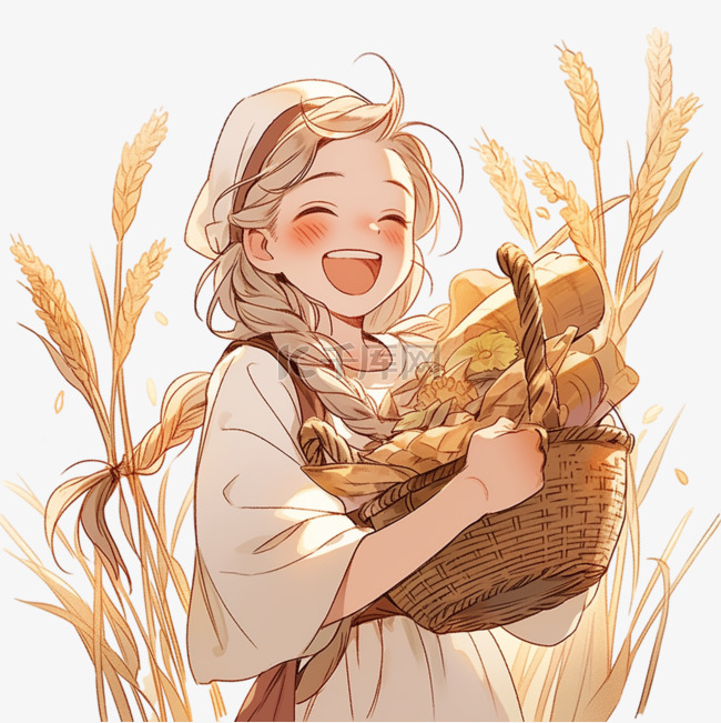 开心的女孩拿着秋收的农作物卡通