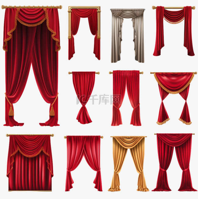 不同的剧院窗帘装饰红色天鹅绒
