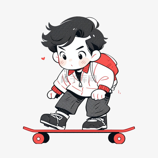 卡通简约线条人物小男孩在玩滑板