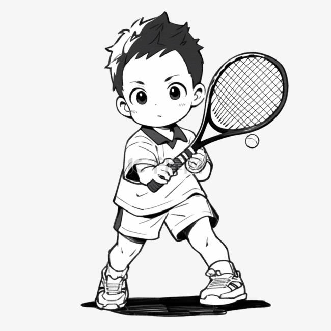 卡通简约线条人物小男孩在打网球