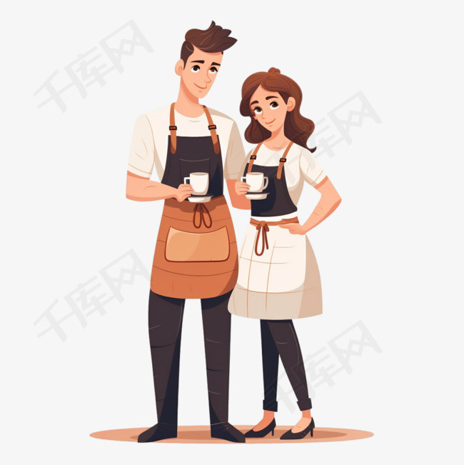 可爱的情侣咖啡师在围裙站着双臂