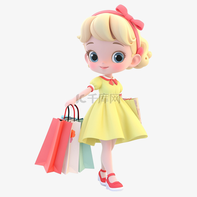 女孩拿着购物袋元素3d卡通