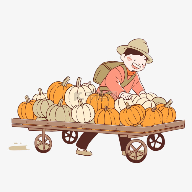 秋天农民推着丰收的果实卡通手绘