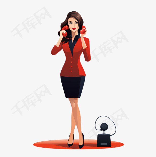 手持电话站立着的红色衣服女性
