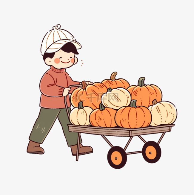 秋天农民推着丰收的果实手绘卡通