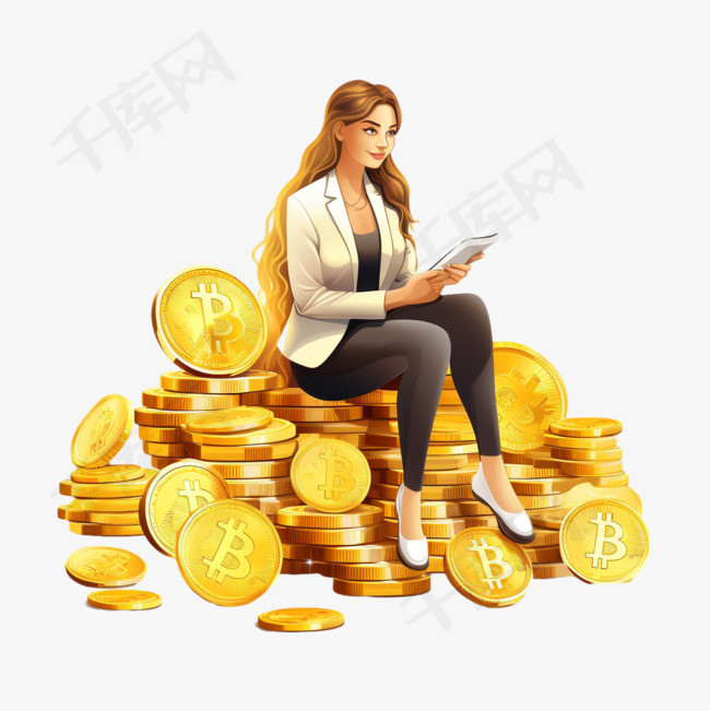 坐在一堆金币上用电脑办公的女商