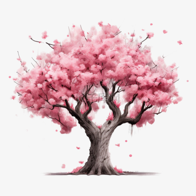 水彩风格粉色樱花大树免扣元素